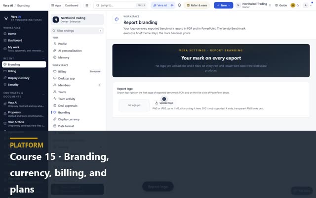 Course 15 · Branding, currency, billing, and plans